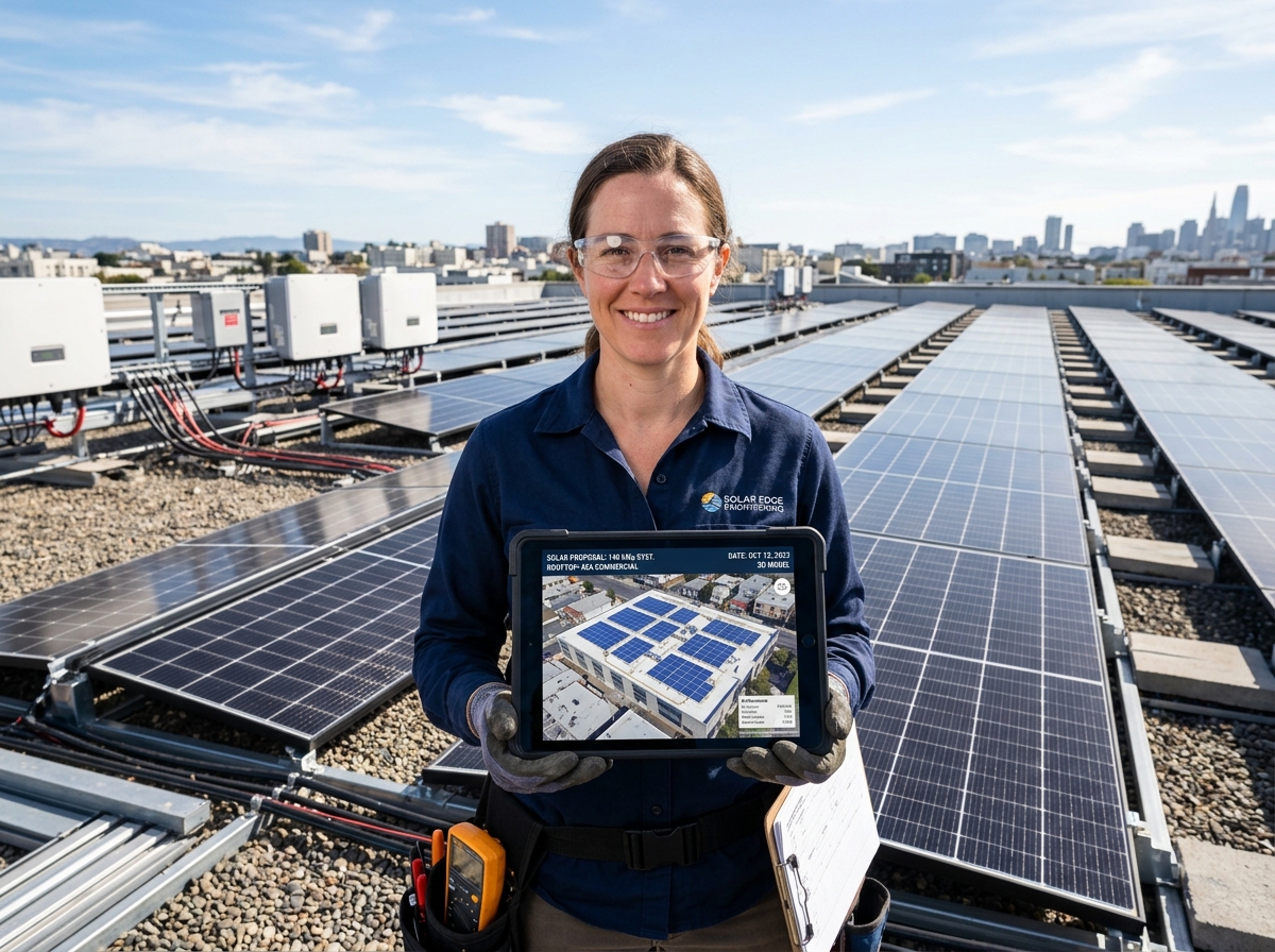 Solar engineer planning customized rooftop solar design on digital tablet