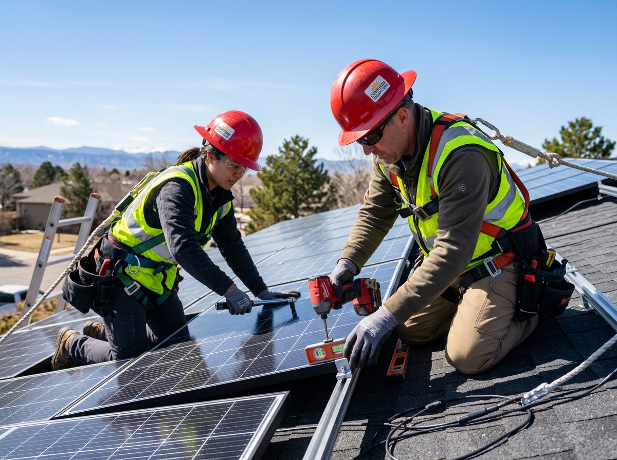 Certified solar technicians installing rooftop solar panels with safety equipment