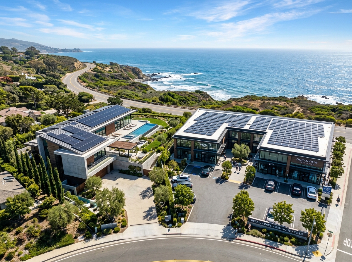 Solar rooftop installations on modern residential and commercial buildings