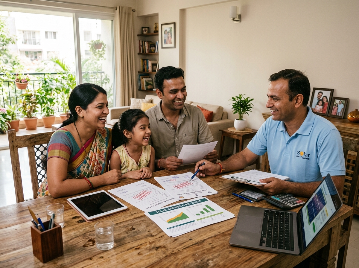 Solar consultant reviewing official government solar subsidy documents with Indian family