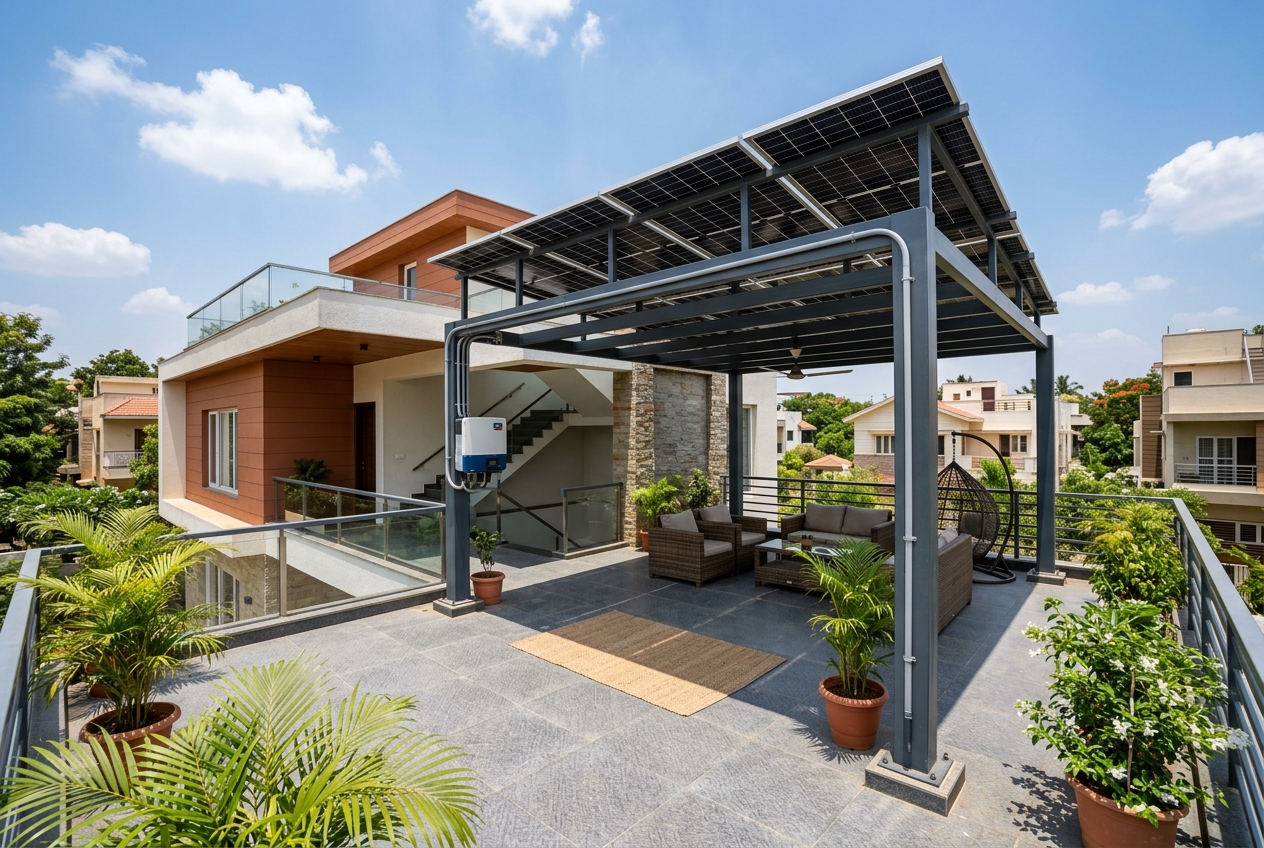 5 kW elevated rooftop solar pergola installation on a modern Indian residential terrace