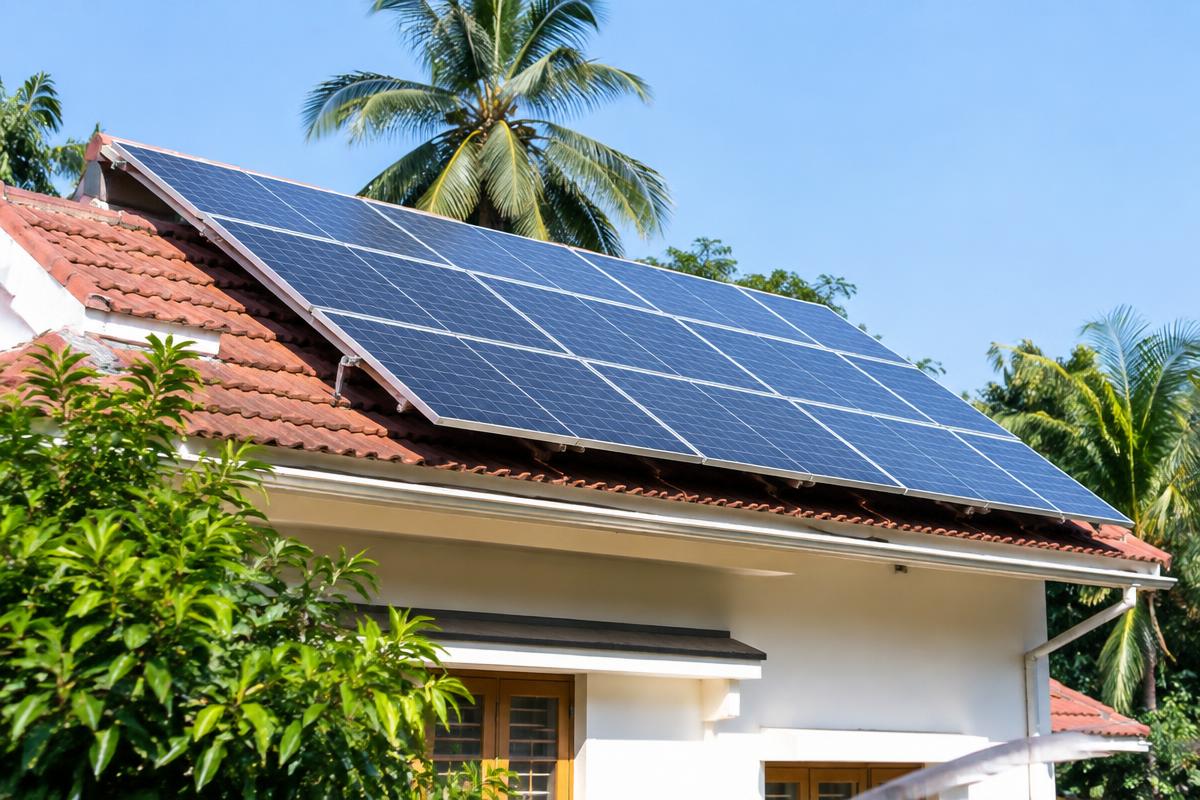 Solar panels installed on a family home rooftop in India